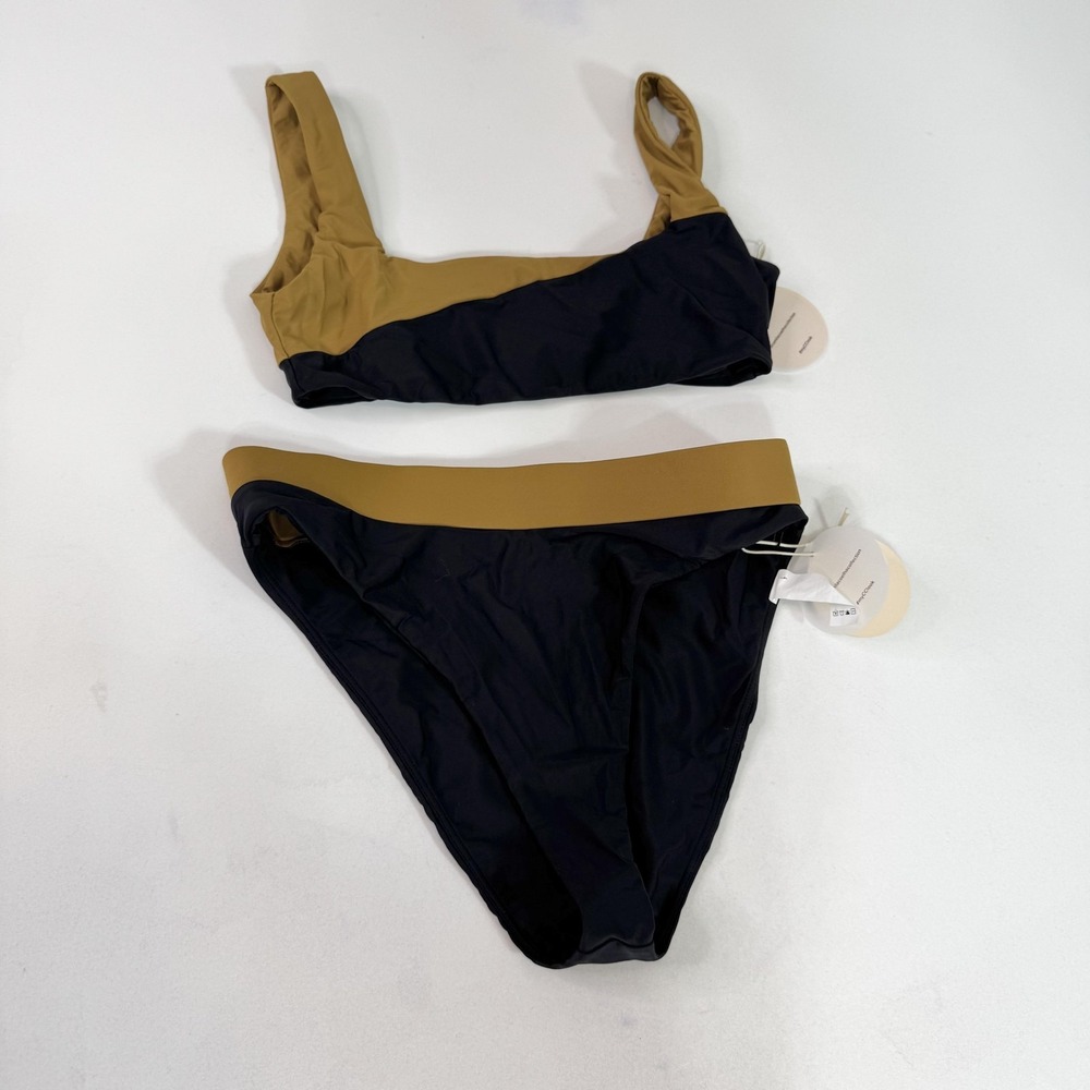 Camila Coelho Bikini Swimsuit Set Womens Medium Black Tan Colorblock Two Piece